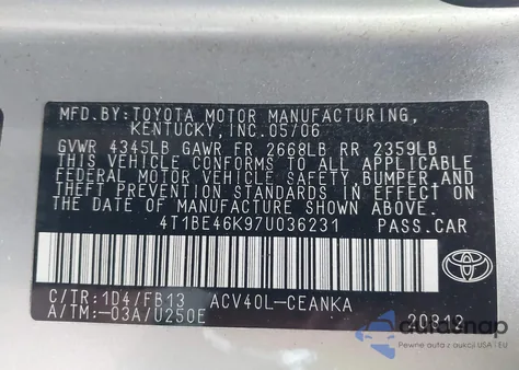 2007 Toyota Camry Le из США, поврежденный, VIN 4T1BE46K97U036231